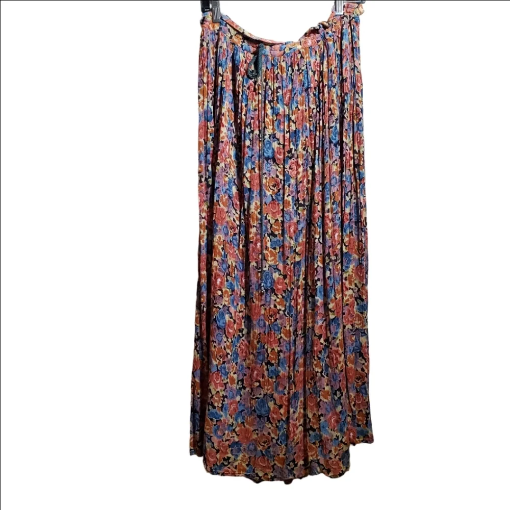 Pleated Maxi Skirt Floral Print In Fall Colors Draw String Adjustable Waist EUC